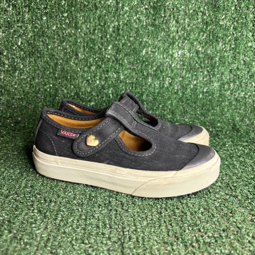 Vans Mary Jane Canvas T-Strap Heart Charm Goth Punk Shoes Black Missy Kids 11.5